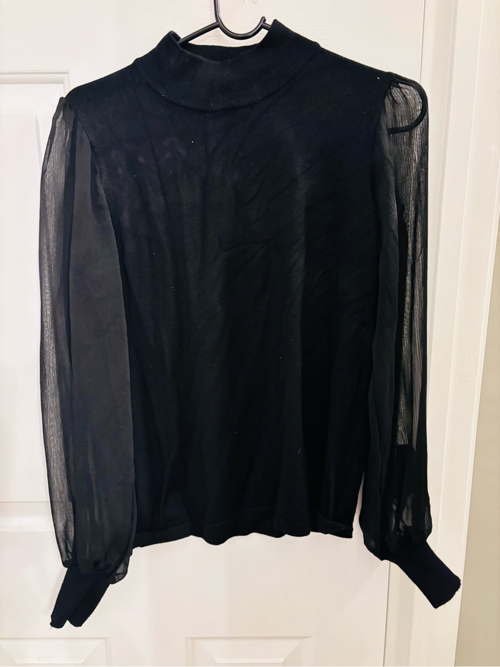 Tahari Black Mock Neck Top with Sheer Bishop Sleeves